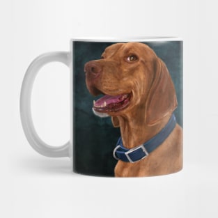 Painting of a Brown Coated Vizsla Smiling on a Green Blue Background Mug